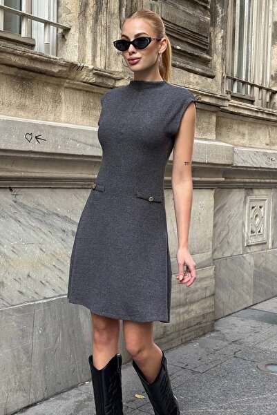 VAGGON Women's Anthracite Pocket Detailed Sleeveless Mini Knit Dress Vs01650