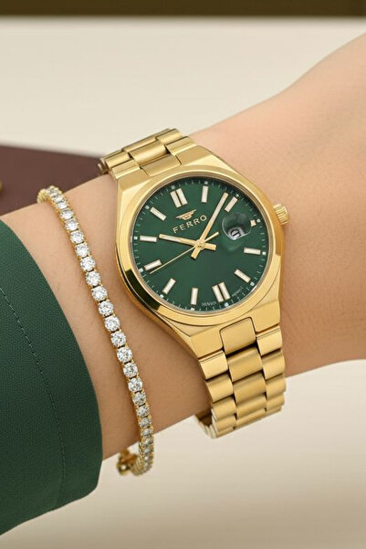 FERRO Yeni Model Çelik Bilezik Altın Sarsı Yeşil Kadran Kadın Kol Saati + Bil...