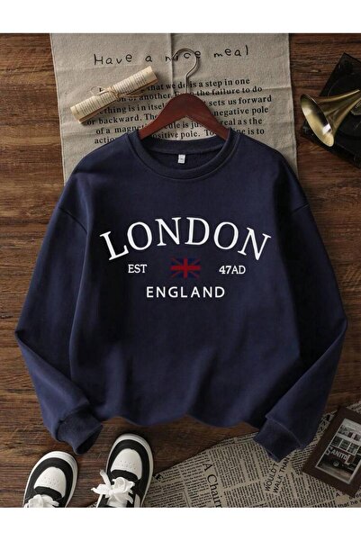 trendgar Γυναικείο φούτερ με λαιμόκοψη Navy Blue London England με τύπωμα