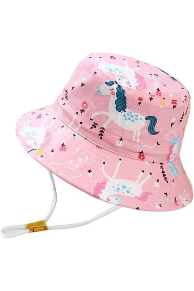 Generic Wide Brim Bucket Hat for Baby Girls, Adjustable Chin Strap, Foldable Beach Sun Hat, Pink (Ages 2-6)