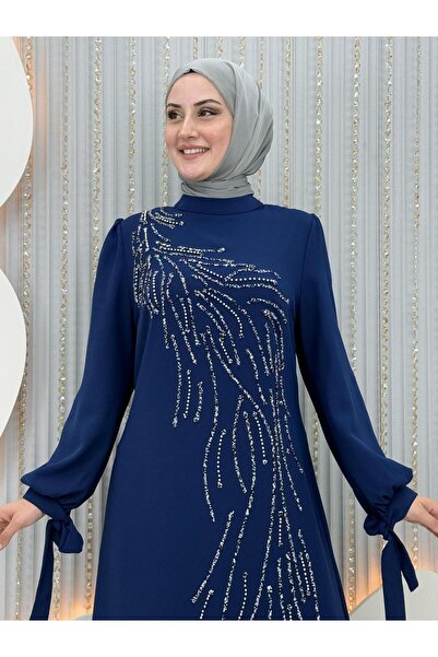 Asortix Γυναικείο Φόρεμα Χιτζάμπ |   1. Ύφασμα κρεπ κατηγορίας - Με πέτρινη λεπτομέρεια στο μπροστινό μέρος |   Κομψό βραδινό φόρεμα με φερμουάρ στην πλάτη