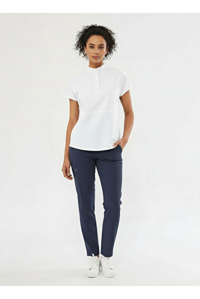 Class Üniforma Nova - Uniforme pentru femei, albastru închis și alb, cu guler înalt, cu închidere cu capse, pentru asistentă medicală și medic