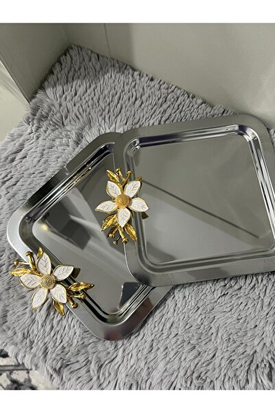 Genel Markalar 2'Li Paslanmaz Çelik Papatya Aksesuarlı Kahve Sunum & Servis & İkramlık Tepsisi