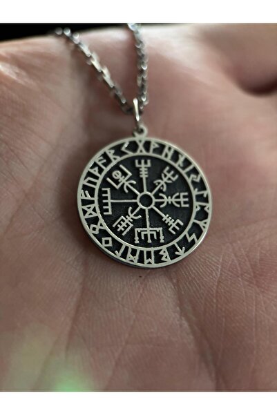 Ay Kuyumculuk 925 Ayar Gümüş Erkek Viking Kolyesi – Rünik Vegvisir Pusula Desen