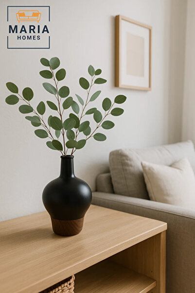 MARIA HOMES Modern Decorative Vase – Matte Black Flower Vase – Wood-Effect Home Decor Accessory