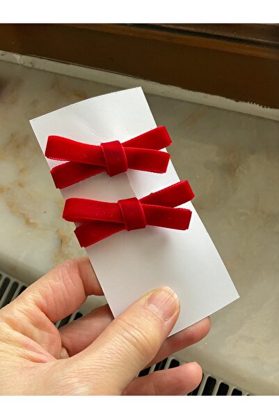 MADE BY PERİ مجموعة مشابك شعر حمراء على شكل فيونكة مخملية مكونة من قطعتين - م...