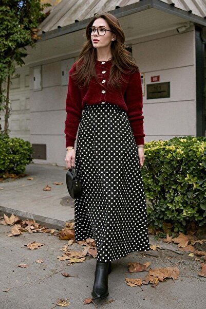 Ceylan Otantik Μαύρη φούστα με πουά λινό στρίφωμα