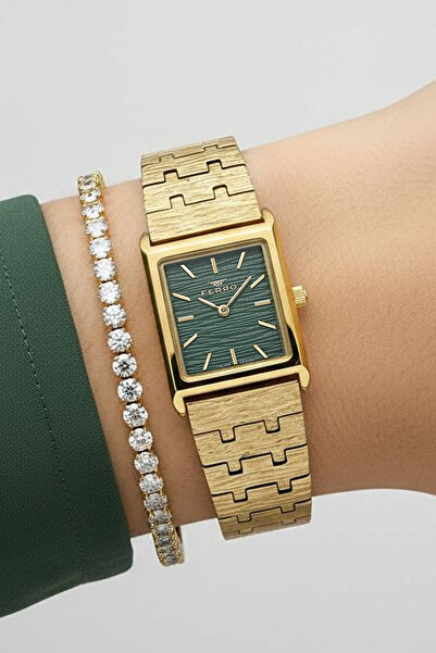 FERRO Yeni Model Çelik Bilezik Altın Sarsı Yeşil Kadran Kadın Kol Saati + Bileklik Hediyeli