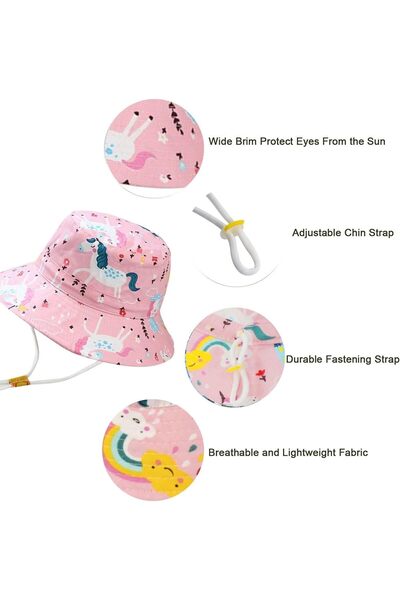 Generic Wide Brim Bucket Hat for Baby Girls, Adjustable Chin Strap, Foldable Beach Sun Hat, Pink (Ages 2-6)