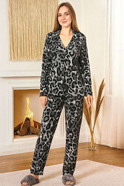 REMSA Γυναικείο σετ πιτζάμες με μοτίβο λεοπάρδαλης με κουμπιά μπροστά 0478 Μαύρο08