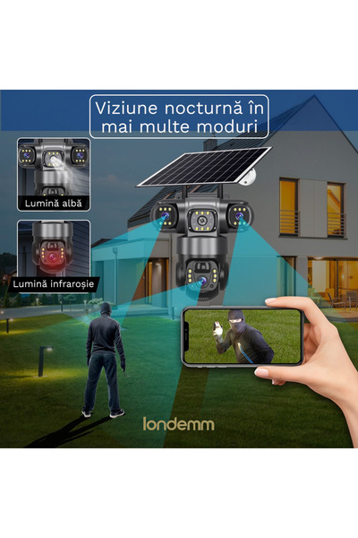 LONDEMM Triple Video Surveillance Camera With Solar Panel And 4G SIM Card LONDEMM, 6MP Full HD