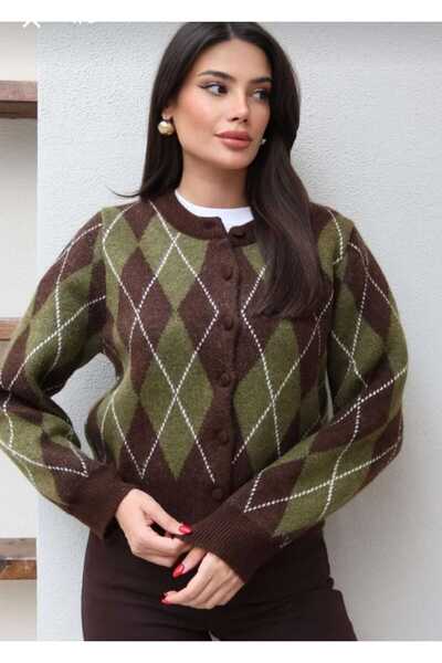 Elfin Baklava Patterned Women's Knitwear Cardigan Green