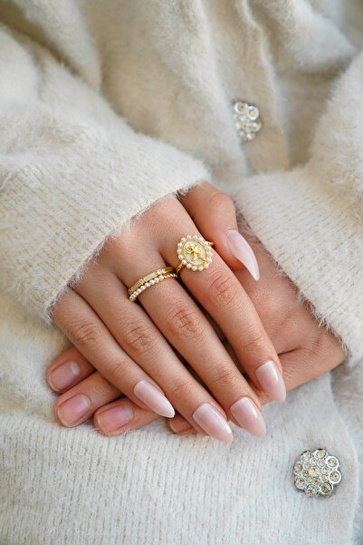 The Collection Set of 2 Modern Pearl Star and Rose Detailed Form Vip Gold Rings