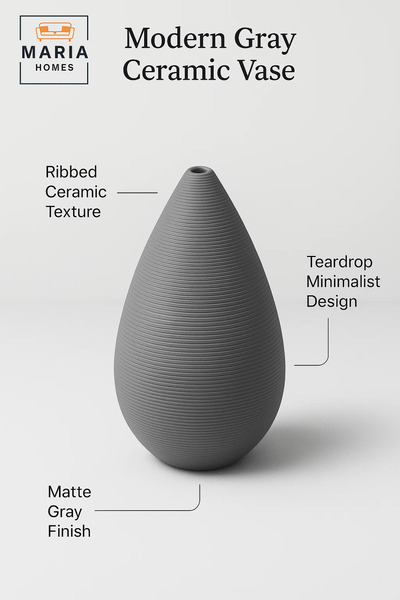 MARIA HOMES Modern Grey Decorative Vase – Teardrop Ceramic Table Vase for Home and Office Decor