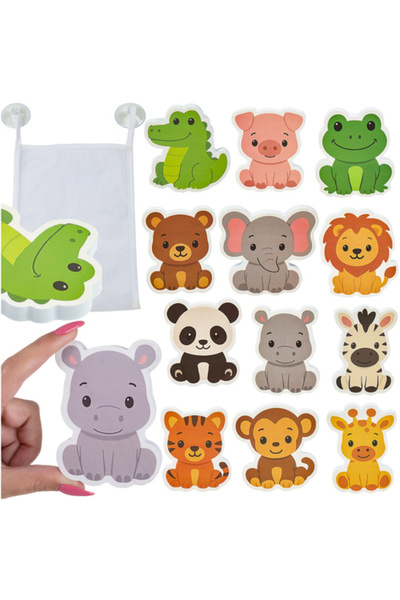 zola Set of 12 foam animals, for the bathroom, mesh organizer, suction cup attachment, 8.5x8x0.8 cm
