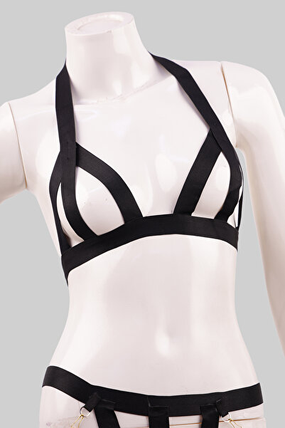 Midnight Fantasy Black Strappy Lingerie Set with Chains