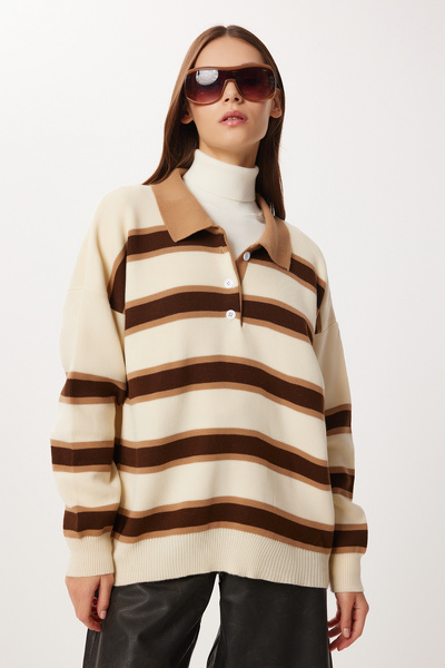 Lovelyİstanbul Striped Polo Neck Knitwear Sweater Lxa0023 Cream Brown
