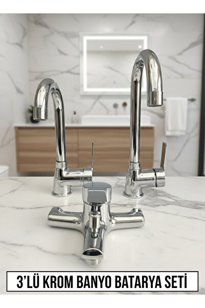 EMFA AKSESUAR 3'lü Krom Batarya Seti - Mutfak Lavabo Banyo Bataryası Set - Pi...