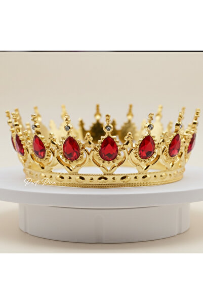 parti pera Pasta Tacı Gold Renk Kırmızı Taşlı Sert Plastik Taban Alt Çapı 13 cm