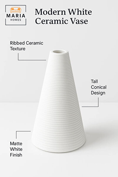 MARIA HOMES Modern White Decorative Vase – Cone-Shaped Ceramic Table Vase for Home & Office Decor