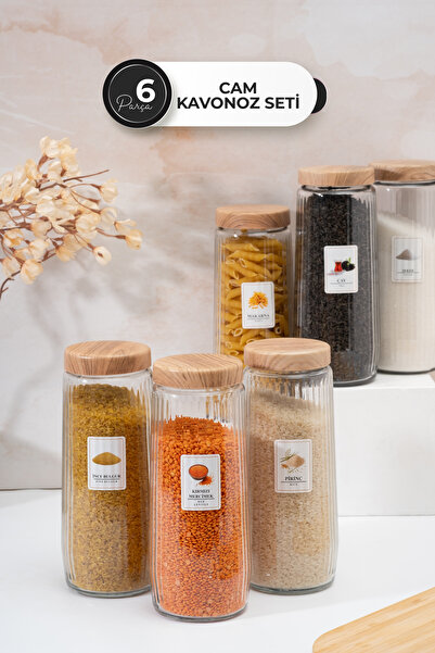 Homekolik Set of 6 Labeled 1500 ml Glass Storage Containers with Wooden Lid Appearance – Dry Food Jar Set