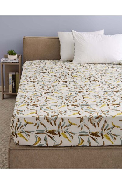 REDTAG Beige Botanical Printed Fitted Sheet (Single Size)