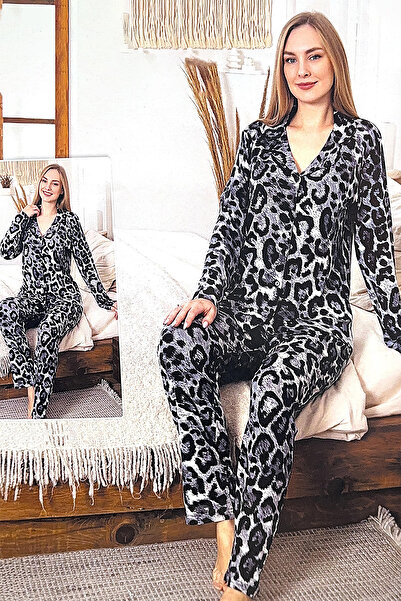 REMSA Γυναικείο σετ πιτζάμες με μοτίβο λεοπάρδαλης με κουμπιά μπροστά 0478 Μαύρο08