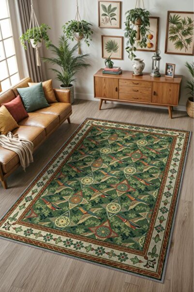 Homshtag Kaz Figürlü Sarmaşık Desenli Oturma Odası Halısı, Yeşil Orman Desenli Klasik Bordürlü Maksimalist Ha