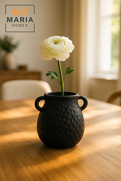 MARIA HOMES مزهرية زخرفية سوداء عصرية - مزهرية سيراميك منقوشة بمقابض لديكور ا...