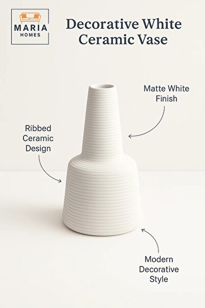 MARIA HOMES Modern White Decorative Vase – Textured Ceramic Table Vase for Home & Office Decor