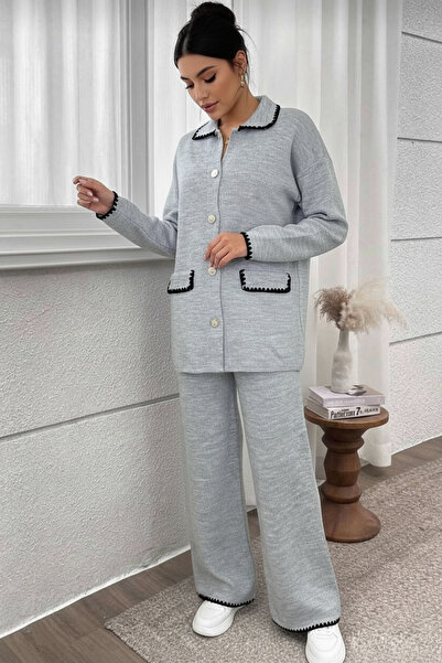 STF MODA Women's Buttoned Jacket and Pants Shepherd Stitch Knitwear Set Ecru - Gray