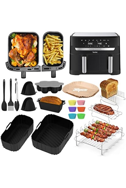 Alyoen Set de accesorii pentru friteuză cu aer, format din 19 piese (tăvi din silicon, grătare, clește, forme pentru brioșe), compatibil cu Tefal