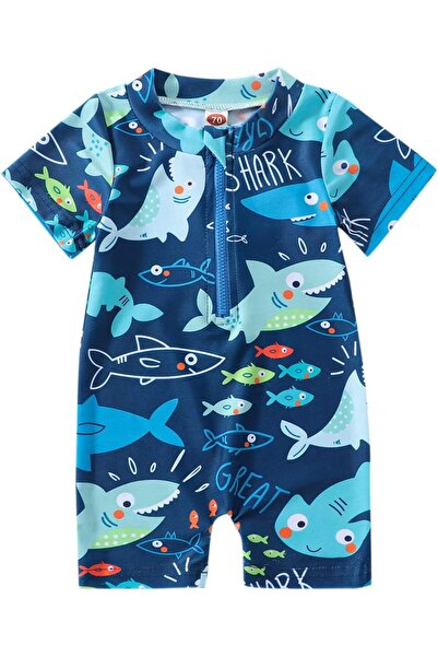 Generic Baby Boys One-Piece Zipper Swimsuit - Shark Design, Short Sleeves, 12...