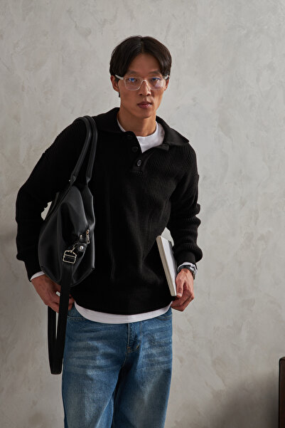 HYMAN Men's Buttoned Collar Oversized Sweater