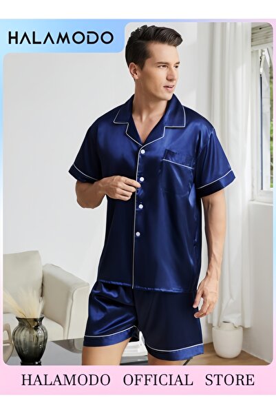 HALAMODO طقم بيجامات رجالي من الحرير والساتان، بأكمام قصيرة ناعمة، مع أزرار ل...