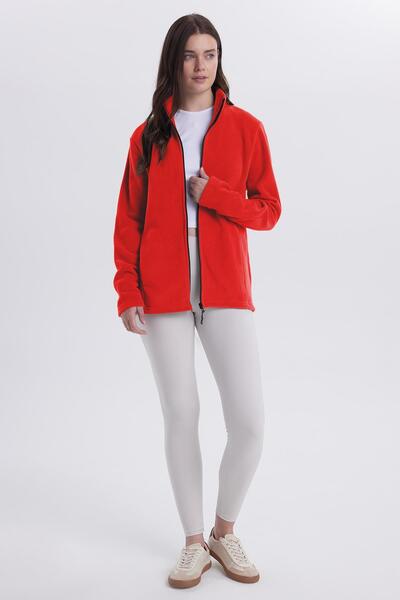 Tudors Women's Red Anti-Pilling Non-Pilling Standard Fit Full Zip Cold-Proof Fleece Cardigan