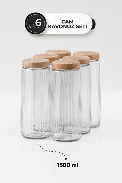 Homekolik Set of 6 Labeled 1500 ml Glass Storage Containers with Wooden Lid Appearance – Dry Food Jar Set
