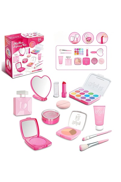 Lullaxx 11pcs Kids Pretend Makeup Toy - Birthday Gift, Non-toxic (3-10Yrs, Laptop Design, Pink)