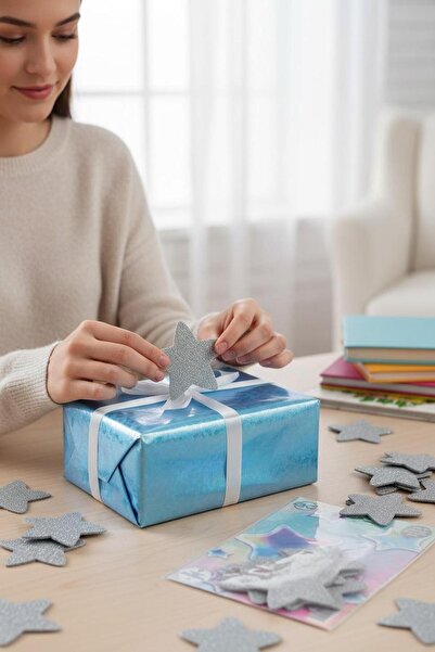 Cadde Süs Simli Eva Yıldız Süs Yapışkanlı 8 cm 10 adet Eva Süs