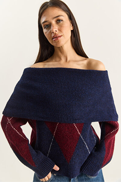 Bianco Lucci Women's Madonna Collar Diamond Pattern Knit Sweater 20251082