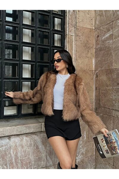 VESS MODA Palton din blană jacquard cu model de vulpe, căptușit în interior