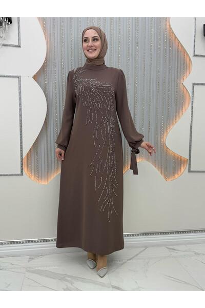 Asortix Γυναικείο Φόρεμα Χιτζάμπ | 1. Ύφασμα κρεπ κατηγορίας - Με πέτρινη λεπτομέρεια στο μπροστινό μέρος | Κομψό βραδινό φόρεμα με φερμουάρ στην πλάτη