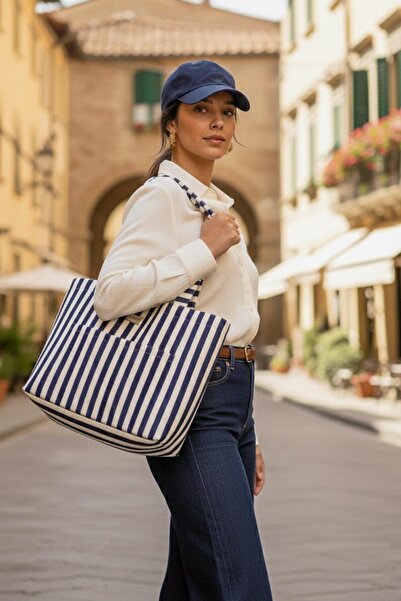 Bagg Geantă cu dungi albastre din material tip stofă