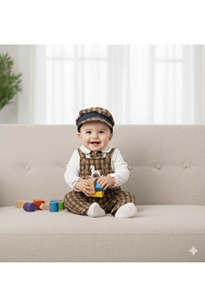 Chicsy Baby Baby Boy Plaid Patterned Hat and Salopet Set with White Bodysuit