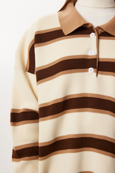 Lovelyİstanbul Striped Polo Neck Knitwear Sweater Lxa0023 Cream Brown