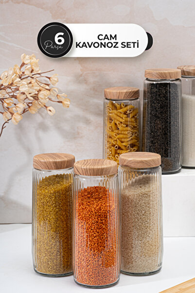 Homekolik Set of 6 Glass Storage Containers with Wooden Lid Look - 1500 ml - Dry Food & Kitchen Organization Jar Set