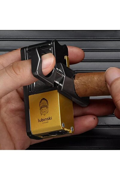 Lubinski Metal Cigar Lighter, 3-Jet Flame Torch, 4-in-1 with V-Shaped Cutter & Punch, Yellow (Milita