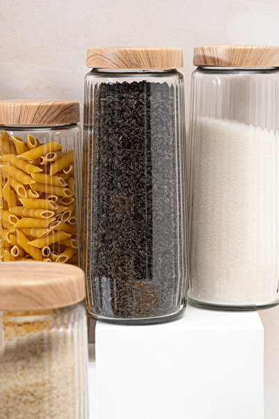 Homekolik Set of 6 Glass Storage Containers with Wooden Lid Look - 1500 ml - Dry Food & Kitchen Organization Jar Set