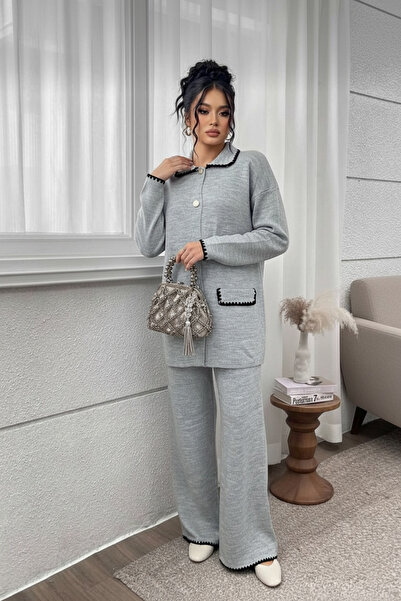 STF MODA Women's Buttoned Jacket and Pants Shepherd Stitch Knitwear Set Ecru - Gray