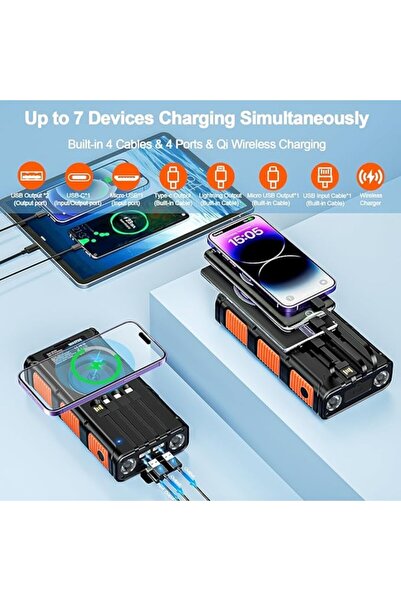 wastde Solar Power Bank, 26800 mAh, Wireless QI Charging, LED Flashlight, Compass, Carabiner, Ideal